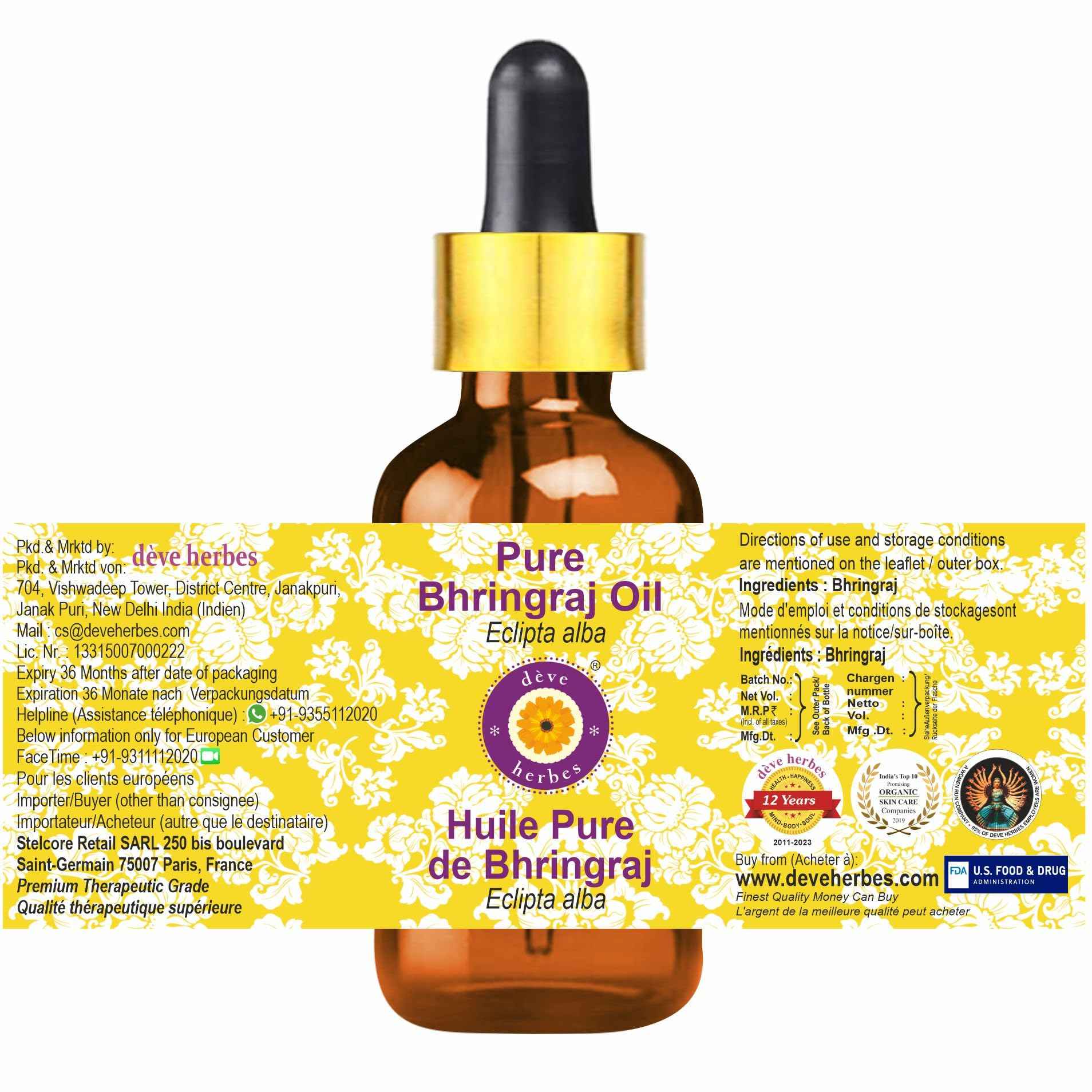 dève herbes Bhringraj Oil (Eclipta alba) with Glass Dropper | Infused | Pure | Non-Sticky | Lightweight | For Facial Care | Men & Women | 100ml (3.38 oz)