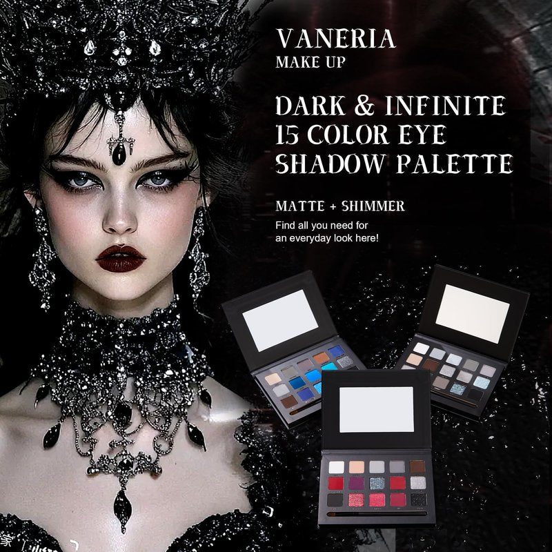 VANERIA Black Smoky Eyeshadow Palette,15 Colors Goth Makeup,Silver Grey Eyeshadow,High Pigment,Long Wear,Cool Toned Eyeshadow Palette,Waterproof,Intense Color(Gothic Black)