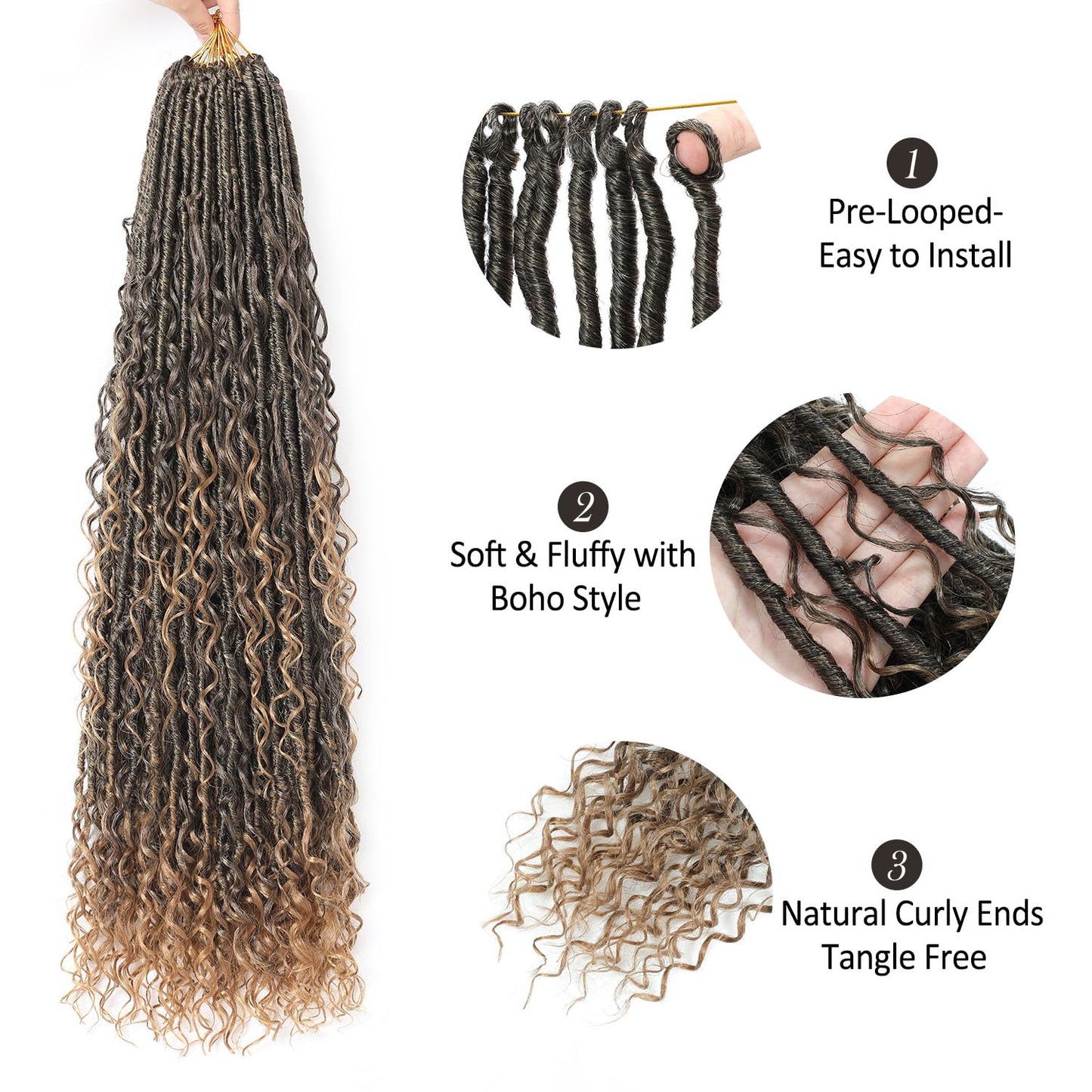 9 packs Boho Faux Locs Crochet Hair, 30 Inch, Ombre Honey Blonde Pre Looped Goddess Soft Locs Crochet Hair with Curly Ends, Bohemian River Locs for Black Women(T1B/27#, 30 Inch)
