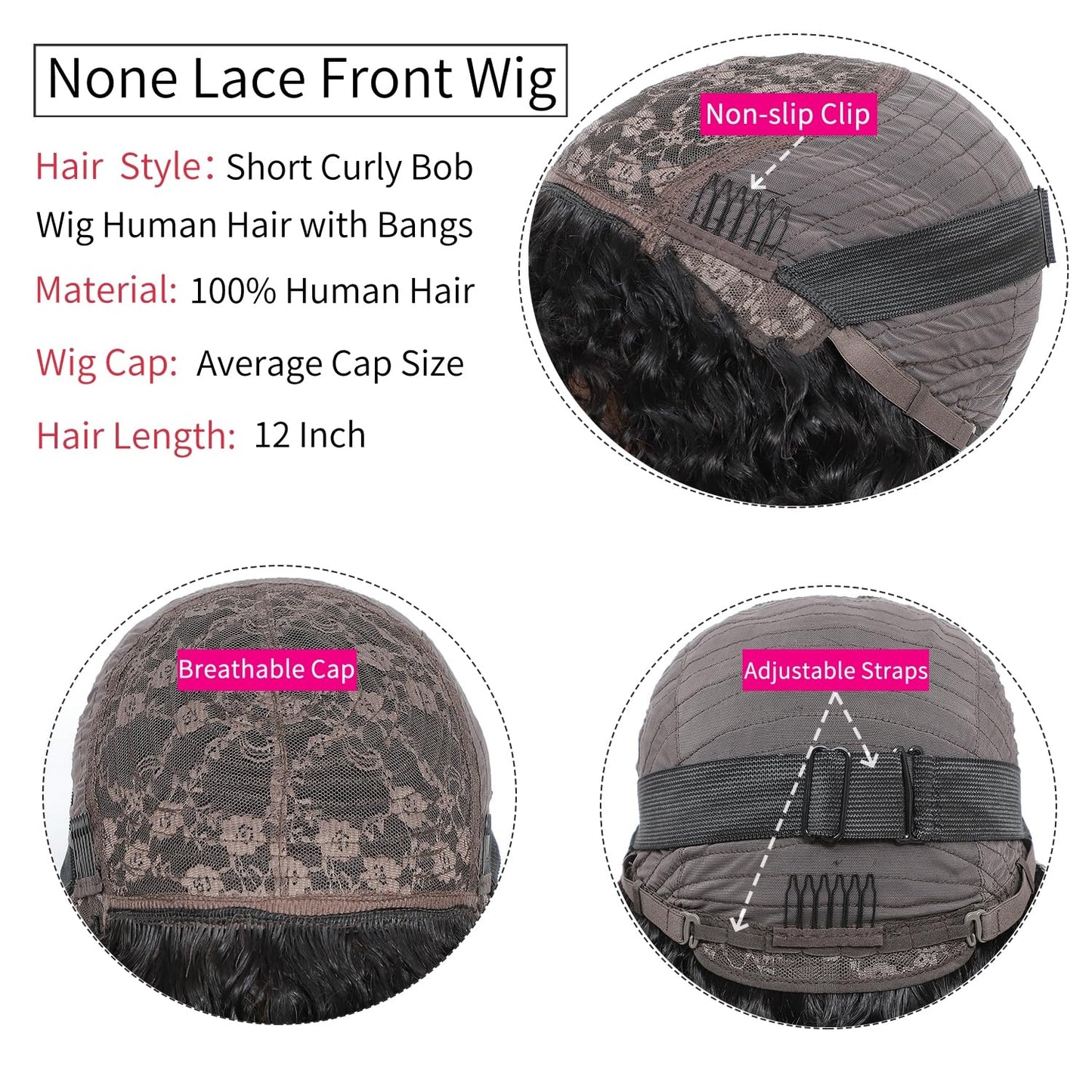 Short Curly Human Hair Wig with Bangs Short Curly Bob Wig Human Hair with Bangs Water Wave Glueless Bob Wig Wear and Go No Lace 180% Density Brazilian Virgin Human Hair Natural Black 12 Inch