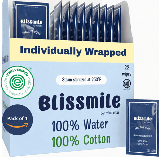 Blissmile 100% Water Wet Wipes, Individually Wrapped Travel Size - Unscented & Fragrance-Free, 100% Cotton - Gentle for Baby, Women & Sensitive Skin - Face, Hand, Body & Feminine Care - 22 ct