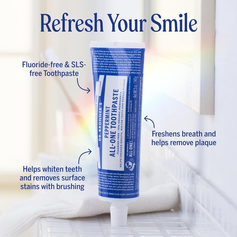 Dr. Bronner’s All-One Toothpaste Variety Pack - Peppermint & Spearmint | 70% Organic, Fluoride-Free, Vegan (5oz, 4-Pack)
