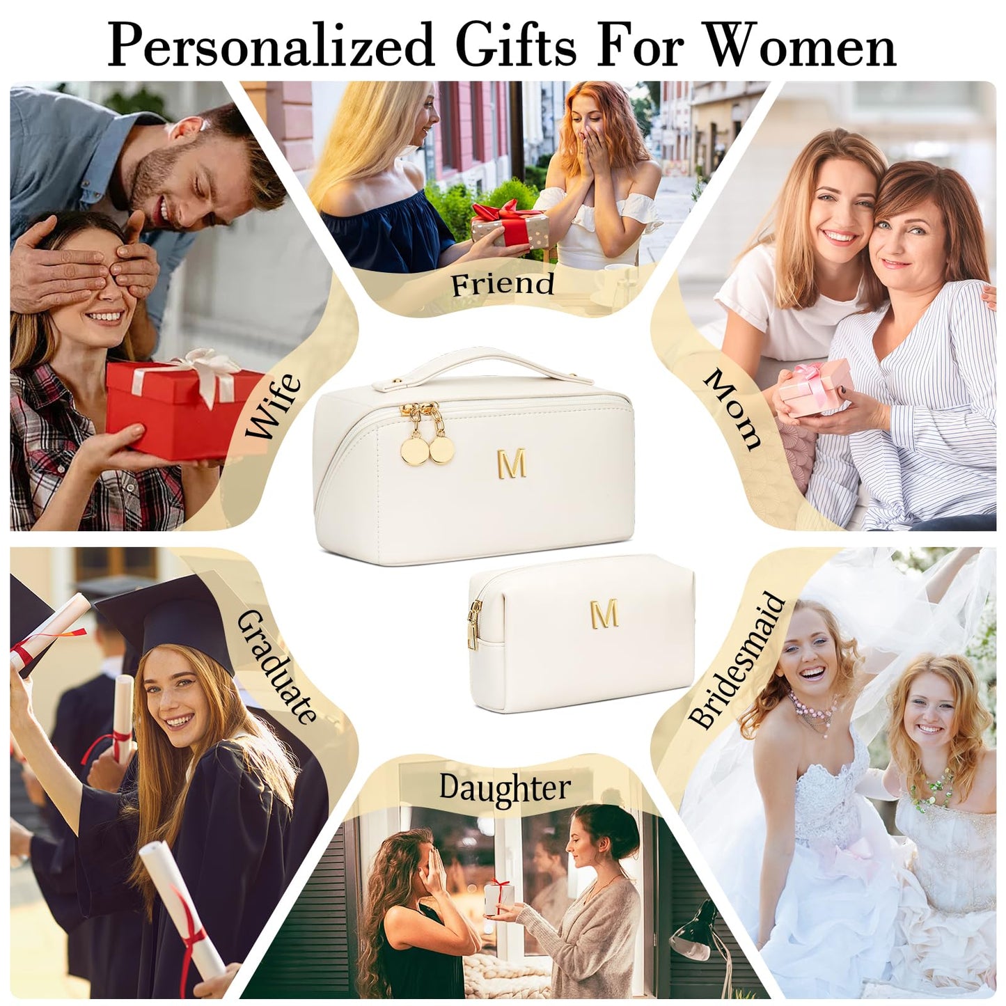 CLOUDWINGS Birthday Gifts for Women Teen Girl, Personalized Initial Makeup Organizer Bag Set, Open Flat Travel Cosmetic Bag With Clear Divider and Handle(Beige,M)