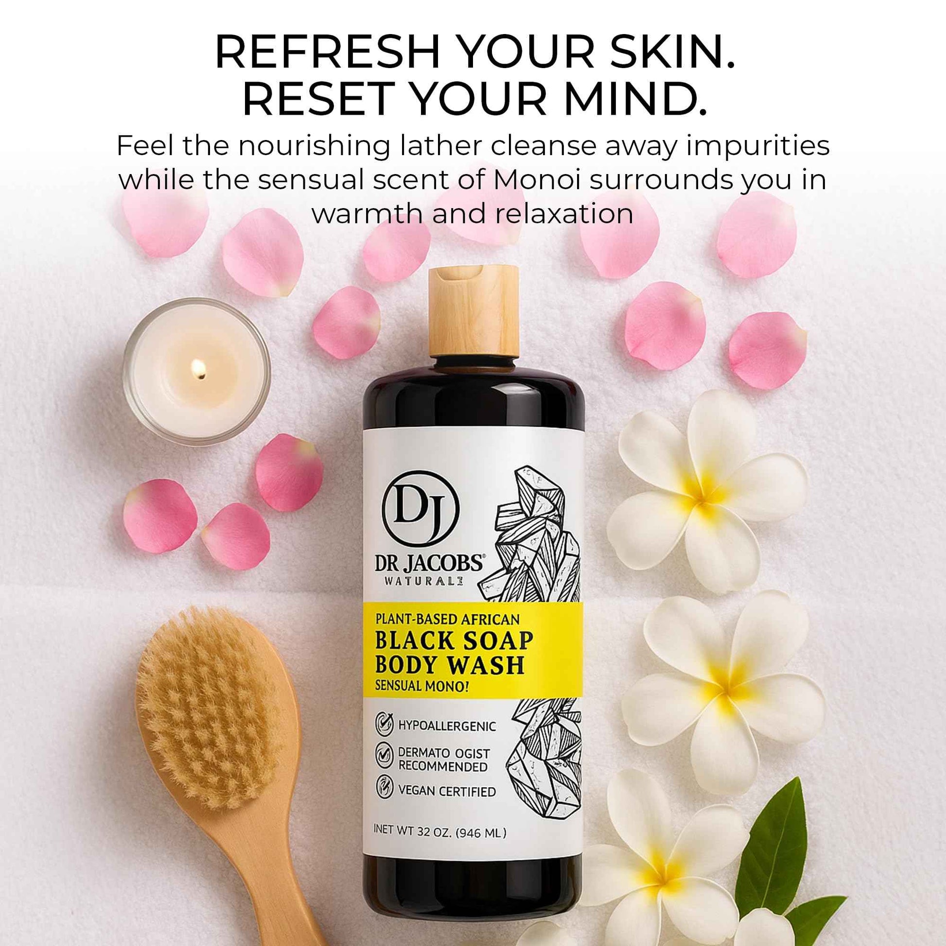 Dr Jacobs Naturals Authentic African Black Liquid Soap with Sensual Monoi Scent | All-In-One Face Wash, Sensitive Skin Body Wash, Shampoo, Shaving Soap | Moisturizing and Nourishing Formula | 16oz 2pk