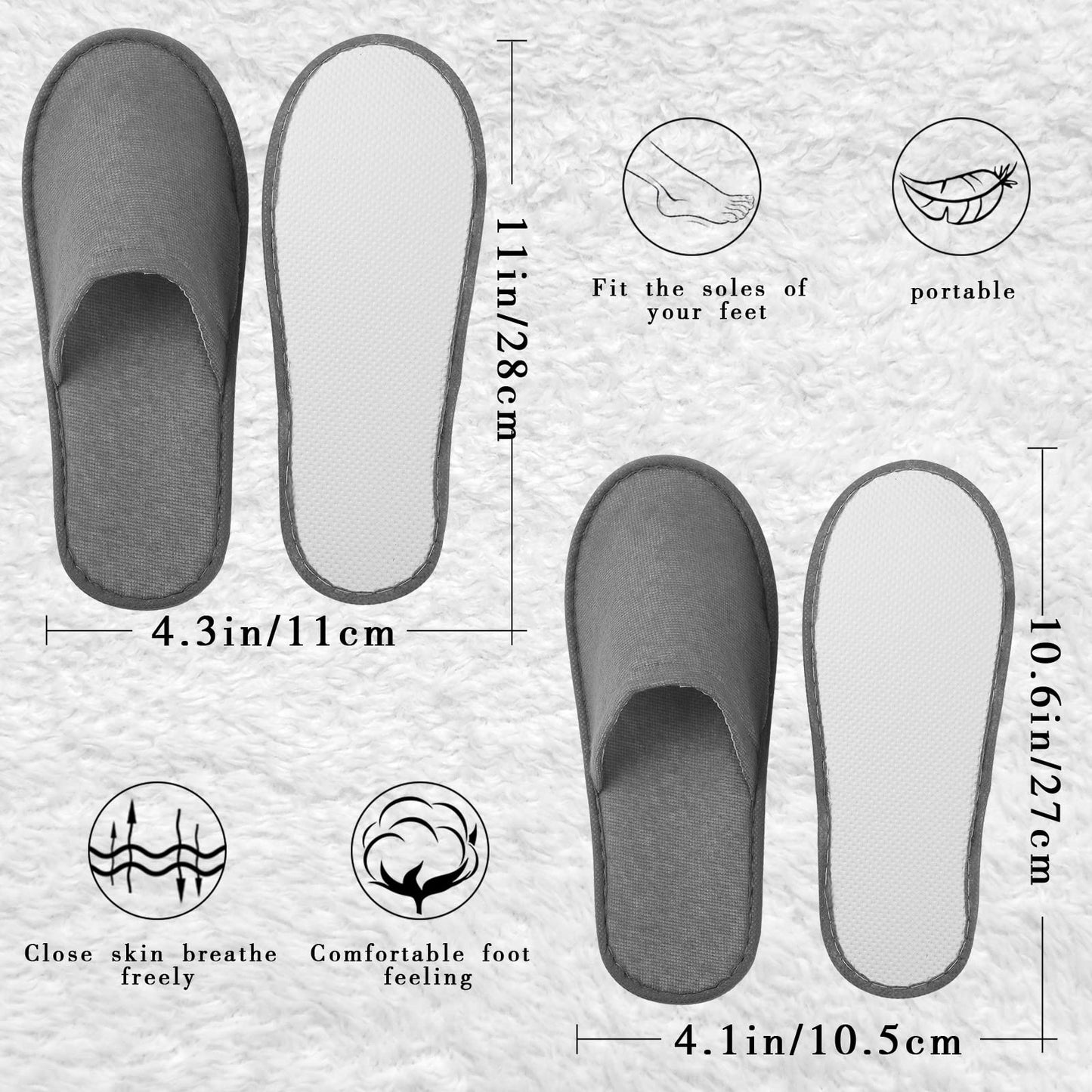 Geyoga 30 Pairs Disposable Spa Slippers for Guest Non Slip House Hotel Closed Toe Indoor Slipper for Men Women Home Wedding Travel, 2 Size(Gray)