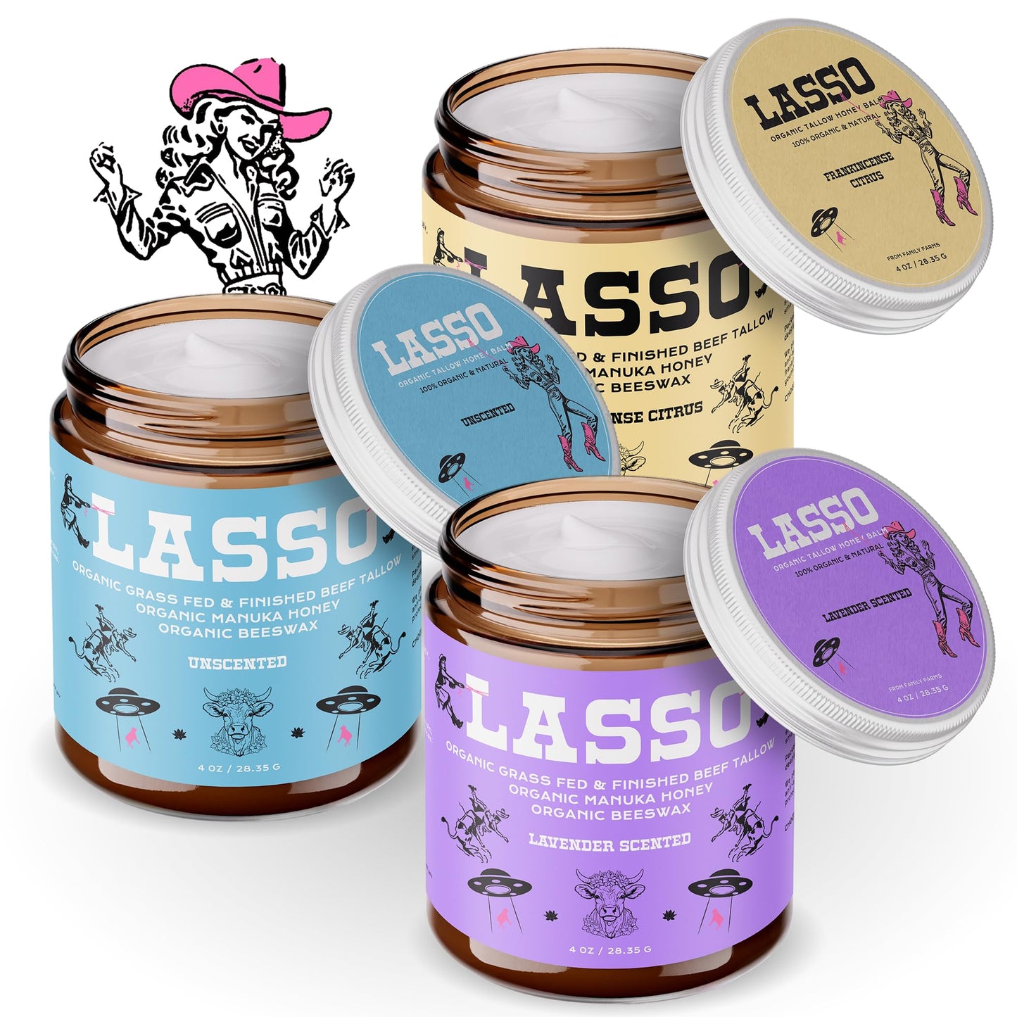 LASSO Beef Tallow Face Moisturizer with Grass-Fed/Finished Beef Tallow for Skin, Manuka Honey and Beeswax, Unscented and Manuka Honey Balm