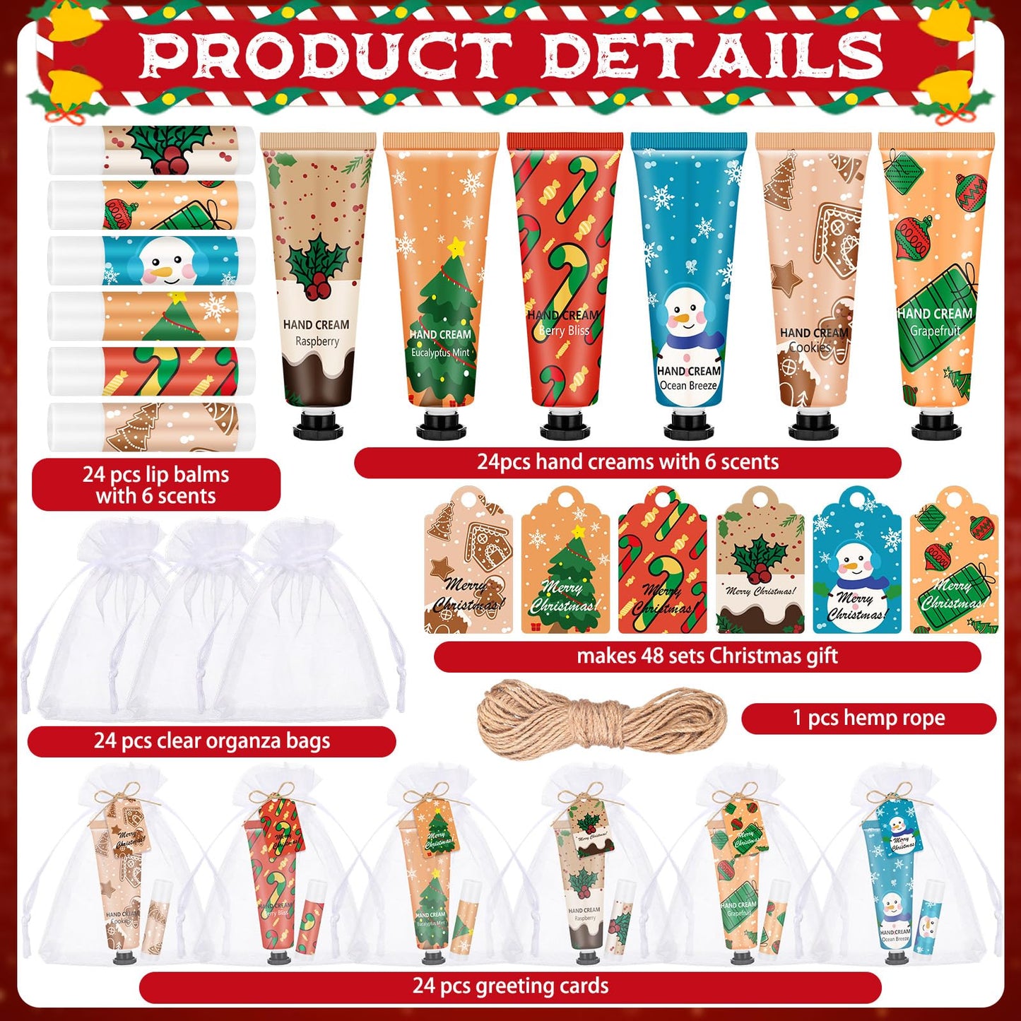 Loopeer 24 Sets/96 Pcs Christmas Hand Cream and Lip Balm Gift Set for Women Bulk Mini Hand Lotion Travel Size for Dry Skin Stocking Stuffers with Greeting Card Organza Bags for Coworker Employee