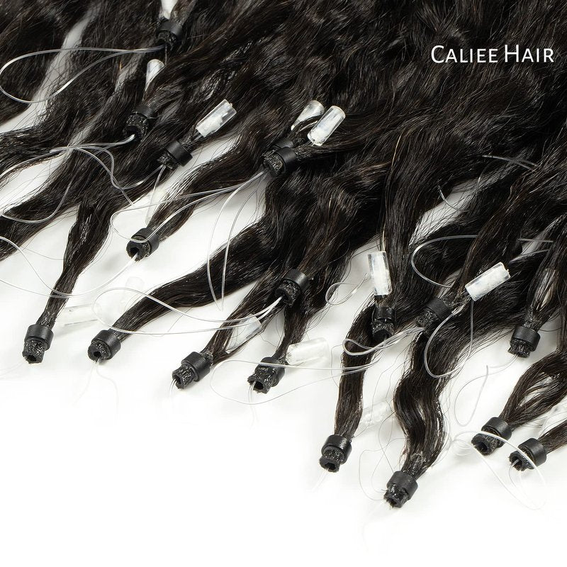 Caliee Microloop Hair Extensions Microlink Human Hair for Black Women Kinky Straight 16 Inch Micro Beads Hair Extensions Human Hair Natural Black 1B Color 50g 50s