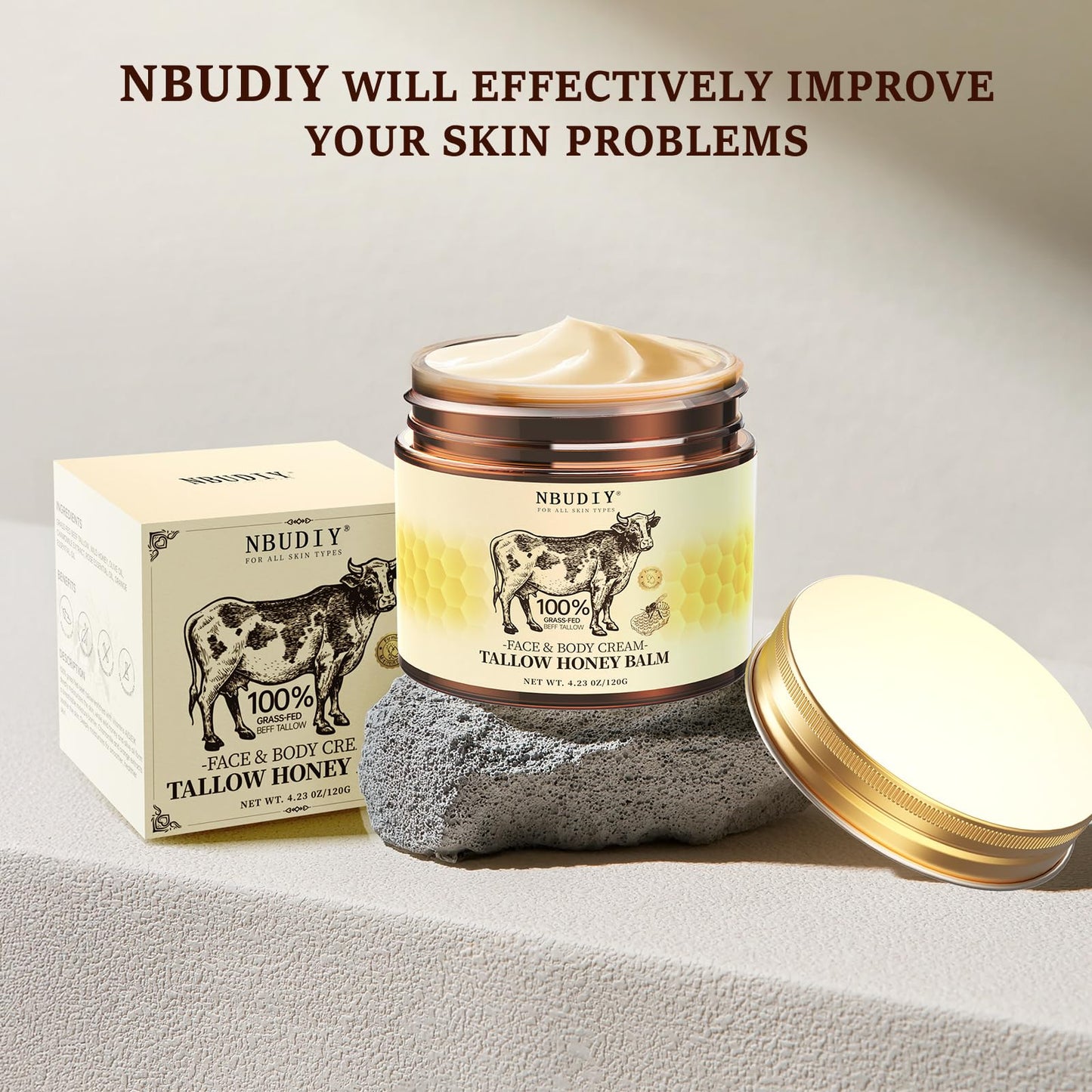 NBUDIY Beef Tallow for Skin, Tallow and Honey Balm, Tallow Face Moisturizer, Grass Fed Beef Tallow for Face - Sensitive Dry Skin Repair, Deeply Nourishing, Fragrance Free, 4.23Oz, Unscented