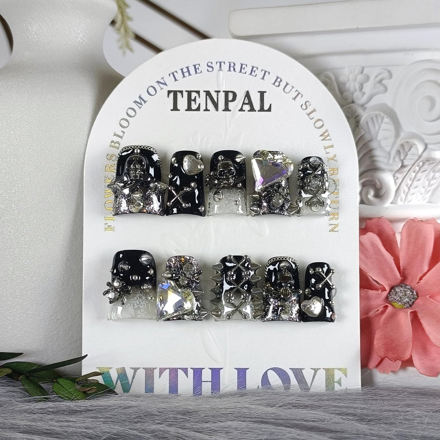 TENPAL 10Pcs Handmade Duckbill Press on Nails,Full Diamond French Tips & 3D Floral Short Nails with Charms,Cherry Blossom Butterfly Design,Sweet Sassy Reusable Duck Nails Set(M)