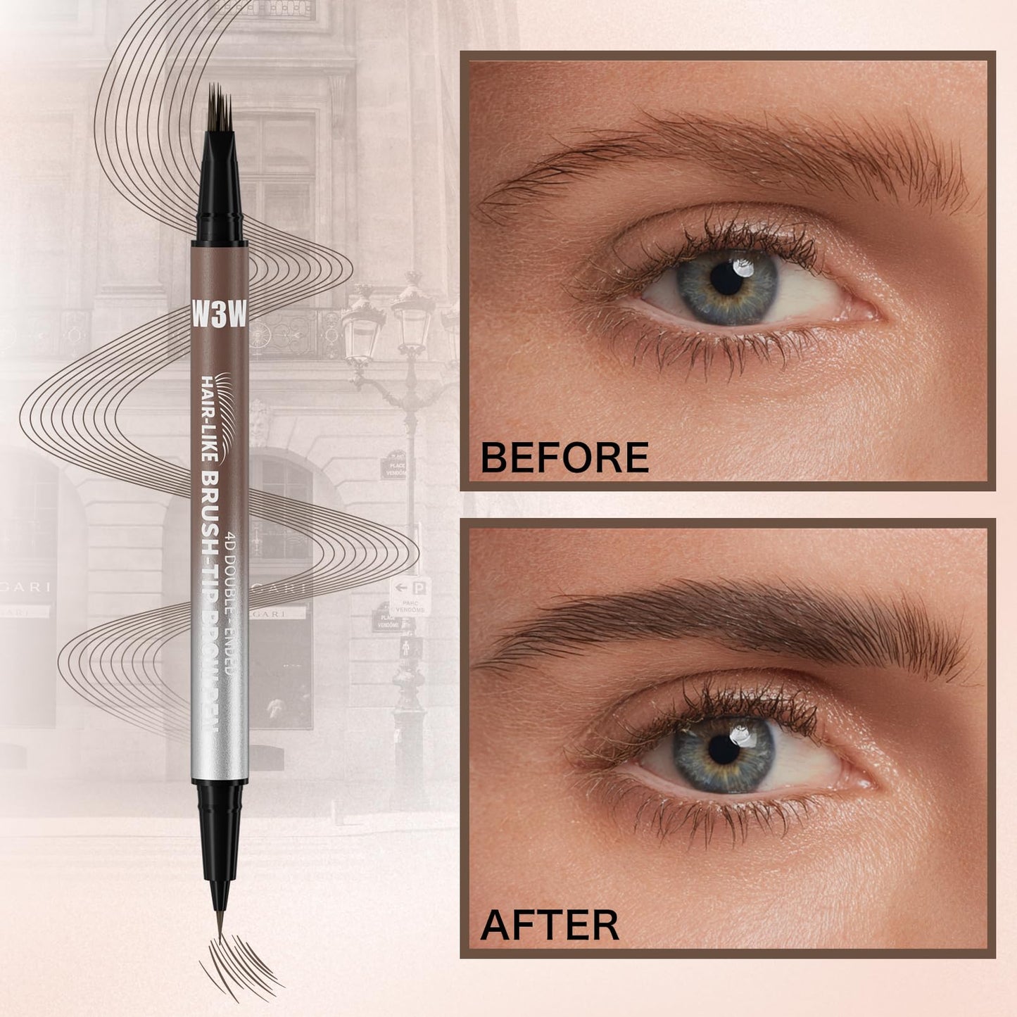 Eyebrow Pencils for Women, W3W 4D Dual-Ended Brow Pen, Angled Square Tip + Ultra-Fine Brush Tip, Waterproof Smudge-Proof, Natural Hair-Like Strokes, Brown (Medium Brown)