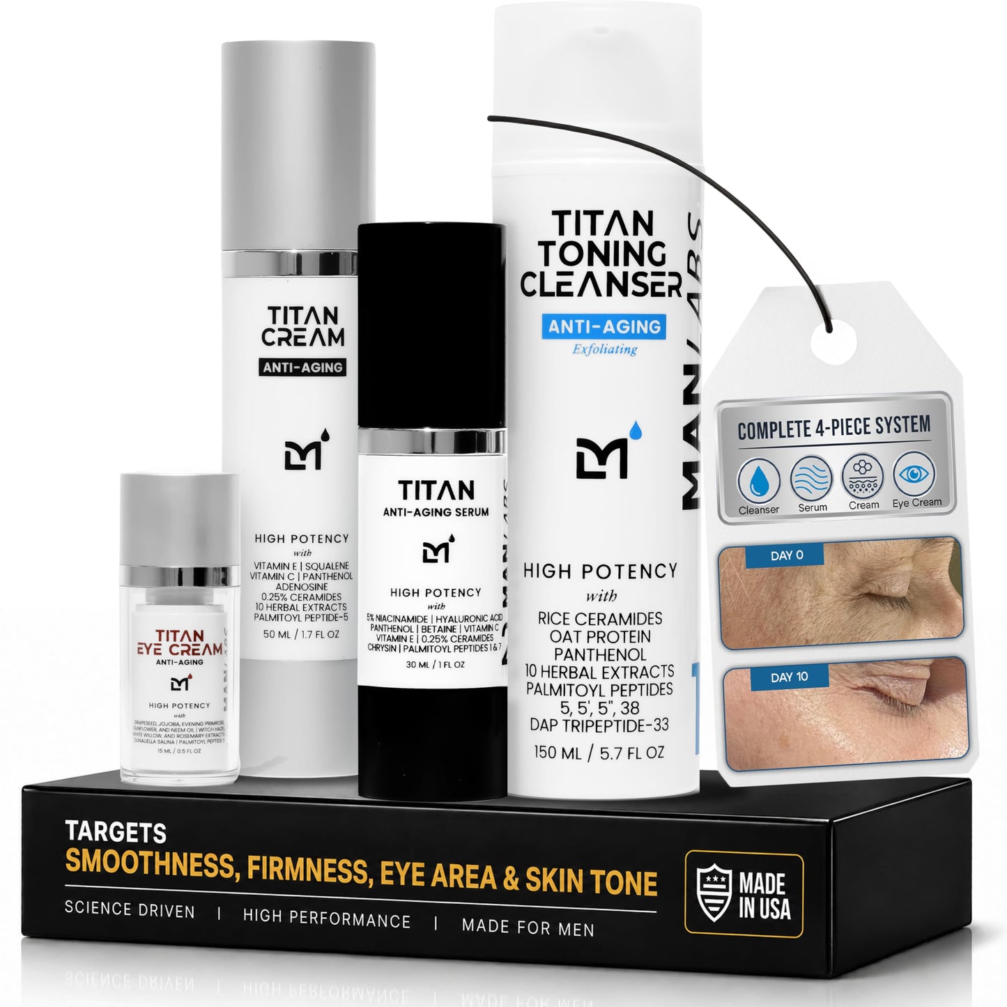 Man Labs Titan Sports Mens Skin Care Kit–Anti Aging Skin Care Set Men–Face Serum, Mens Eye Cream, Men's Face Moisturizer, Man Cleanser–Skin Care Men–Wrinkles, Dark Circles–Vit C, Niacinamide, HA–Unsce