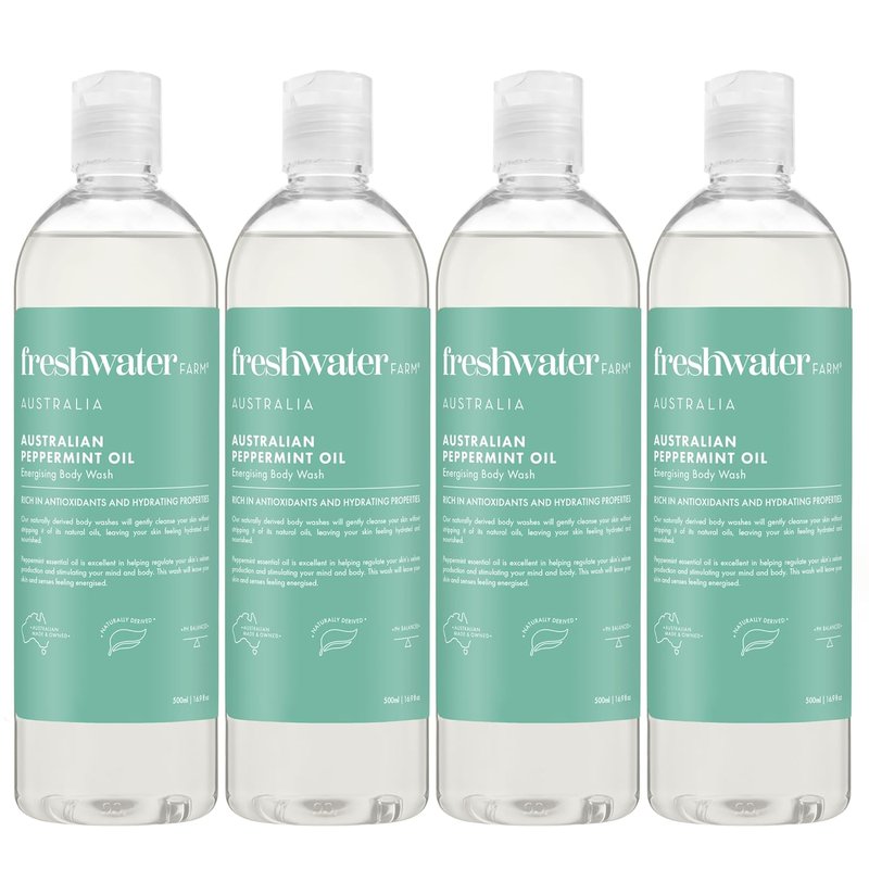 Freshwater Farm Shower Gel Body Wash - Energizing Australian Peppermint Oil, Paraben-Free | 16.9 fl oz 4PK