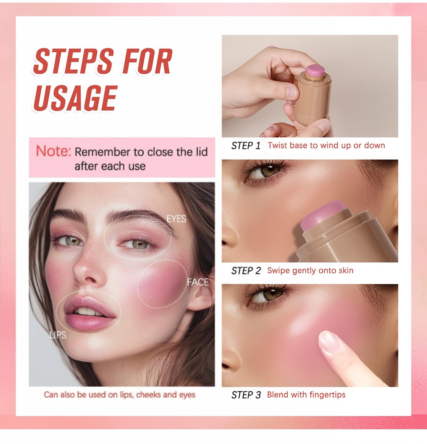 MAEPEOR Matte Blush Stick Creamy Natural Looking Finish Face Blush Long-Lasting Lightweight Buildable Blushes Stick for Cheeks (03 Bright Coral)