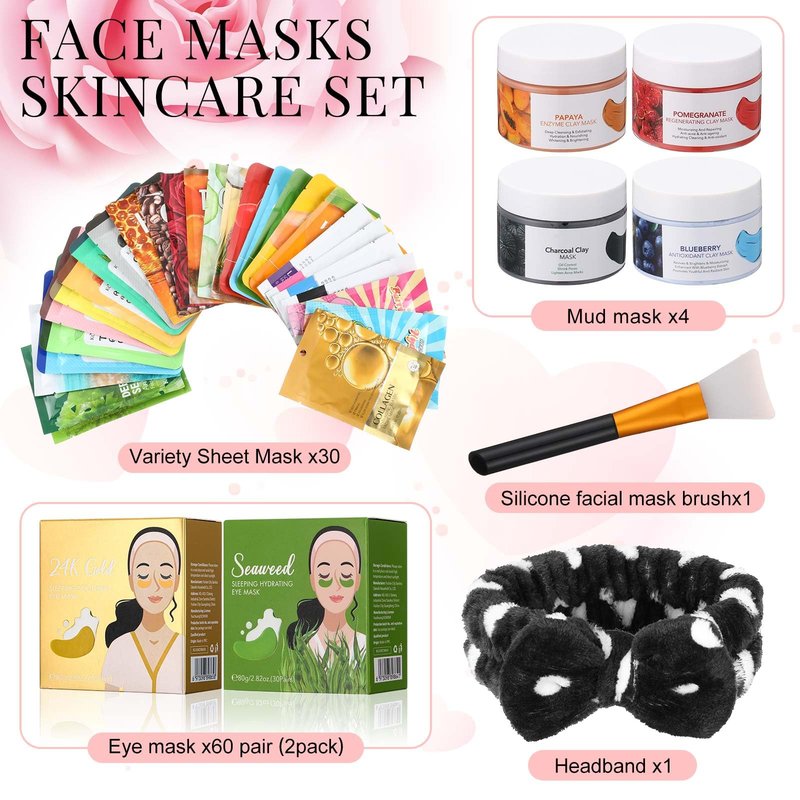 Viozakanry 96 Pcs Face Mask Set Hydrating Clean Suitable for Sensitive Skin, Including 30 Peel-off Facial Masks, 4 Clay Masks, 60 Pairs of Under-eye Patches, a Mask Brush, and a Face-washing Headband