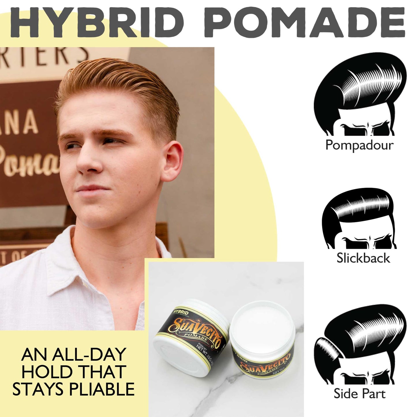 Suavecito Hybrid Pomade For Men - Medium Hold - High Shine - Oil & Water Based Formula - Easy To Wash Out - 4 oz