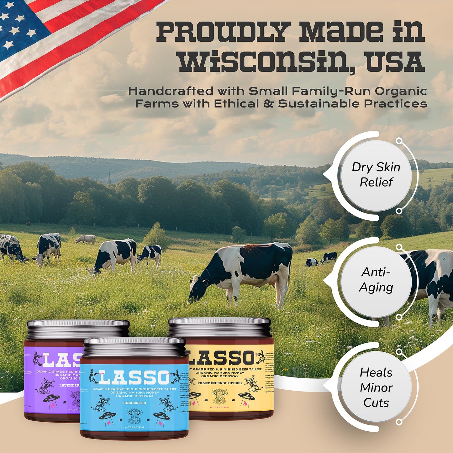 LASSO Beef Tallow Face Moisturizer with Grass-Fed/Finished Beef Tallow for Skin, Manuka Honey and Beeswax, Unscented and Manuka Honey Balm