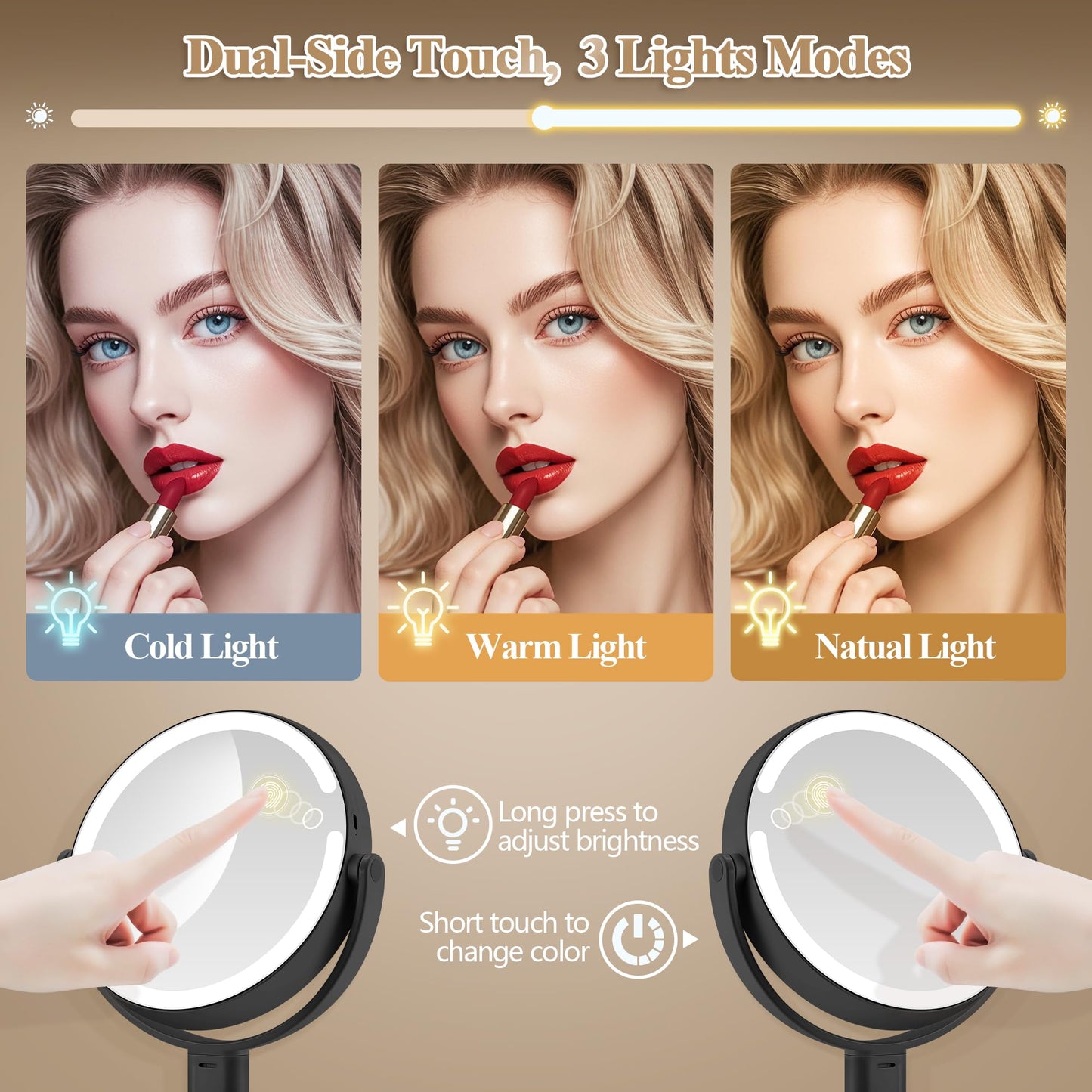 MOMOKUBA Makeup Mirror with Lights, Double Sided 1x/20x Magnifying Mirror with Light, Rechargeable 3 Color Lights Adjustable Brightness, 360° Rotation Detachable Comes with Tweezer (Rose-Gold)