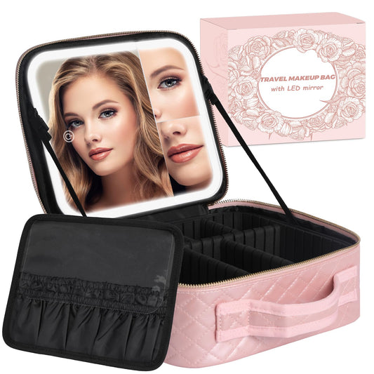 MAYFIY Makeup Bag with LED Lighted Mirror| Portable Makeup Organizer Train Case with 2X/3X Magnification & 3 Color Lights for Precision, Adjustable Brightness| Elegant Gift Packaging, Pink