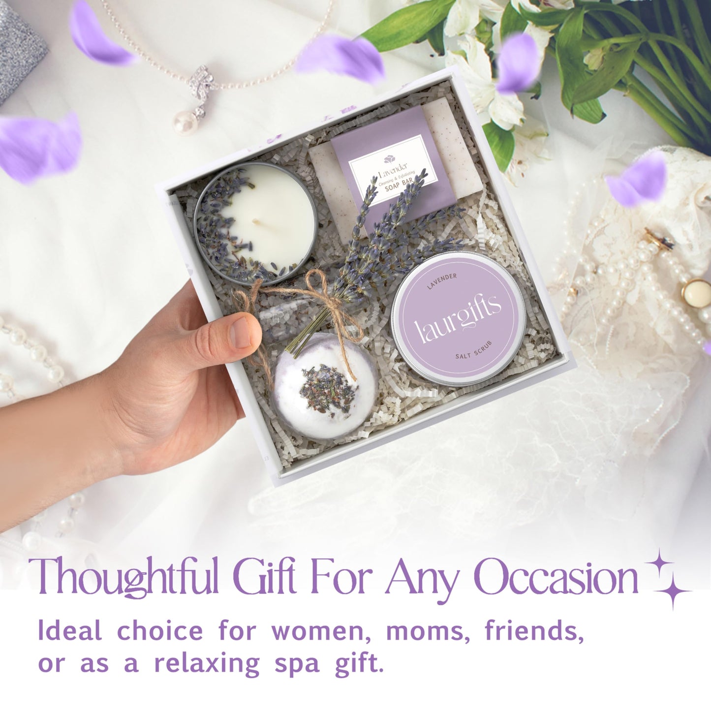 Birthday Gifts for Women – Lavender Spa Gift Basket, Small Candle Set with Bath Gifts, Relaxing Self Care Basket, Lavender Gift for Her