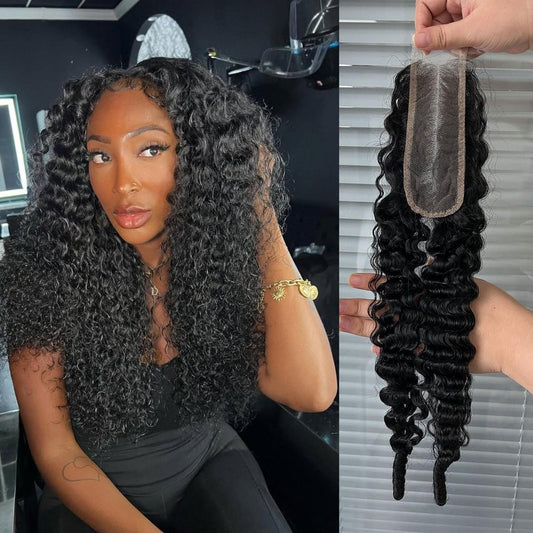 DSEKCAIN 2x6 Burmese Curly Closure 100% Real Human Hair Water Wave 2x6 Transparent HD Lace Closure Natural Black 1B Color 16 Inch