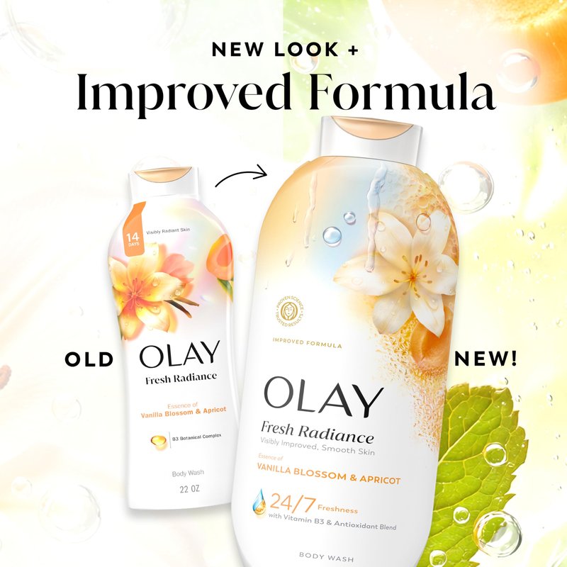 Olay Body Wash for Women, Fresh Radiance, Refreshing & Renewing, Made with Plant Based Cleansers, B3 Botanical Complex, For All Skin Types, Vanilla Blossom & Apricot Scent, 22 fl oz (Pack of 4)