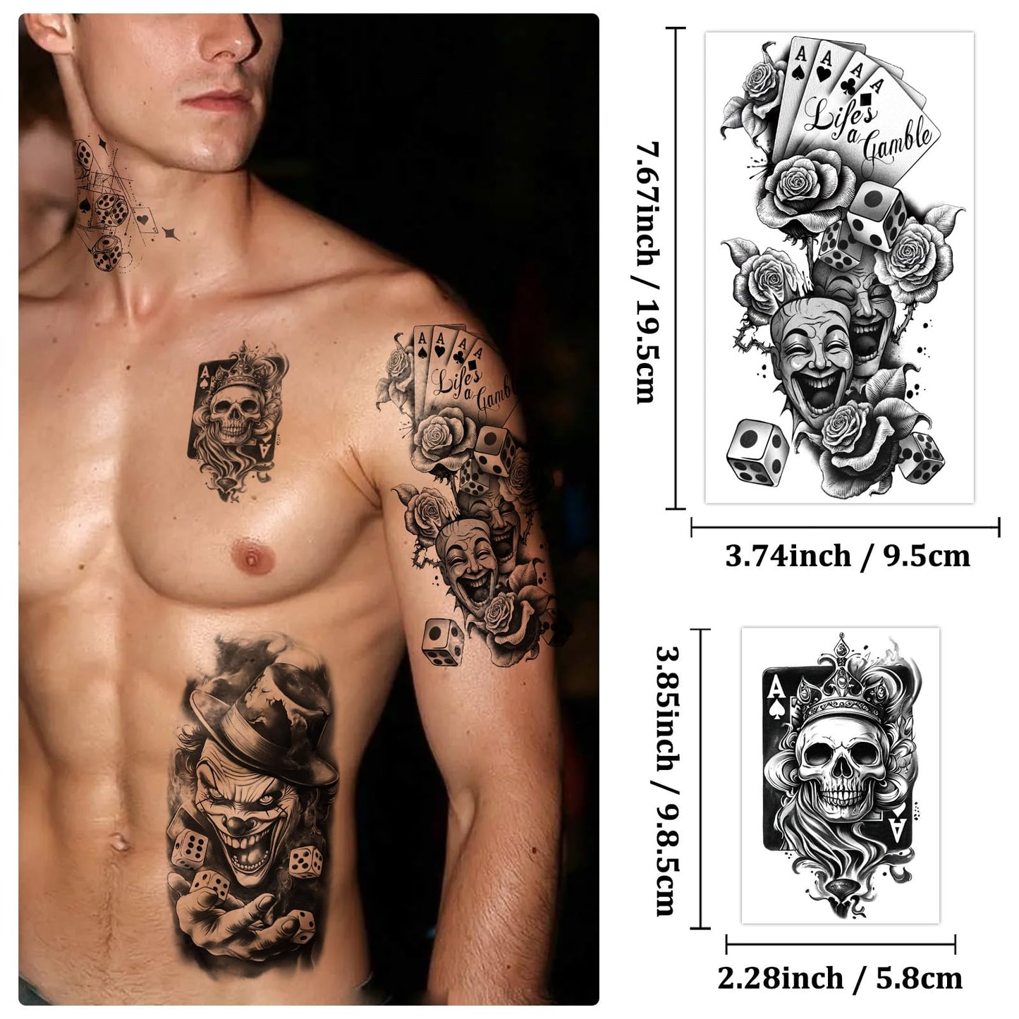 Casino Temporary Tattoos (77 Sheets), Fake Tattoo for Adults and Kids, Waterproof Fake Body Tattoo Stickers for Halloween, Parties, Cosplay, Casino Night - Realistic Poker/Dice/Skull/Chicano Designs