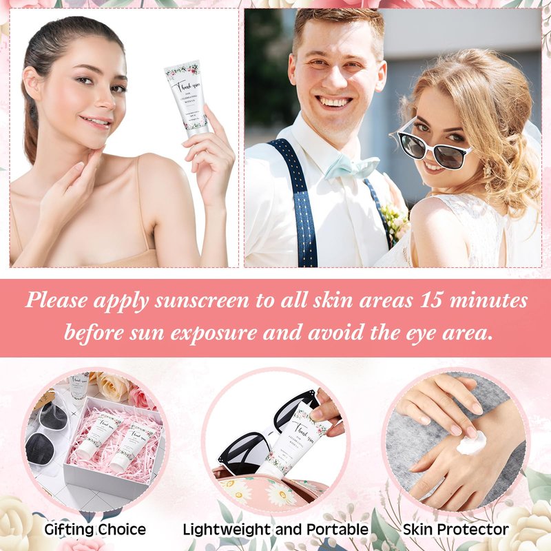 Dansib 12 Sets Mini Sunscreen and Sunglasses Bulk for Wedding Party Spf30 Water Resistant Sunscreen Lotion Bulk 1oz Travel Size for Thank You Gifts Wedding Party Supplies (Floral)