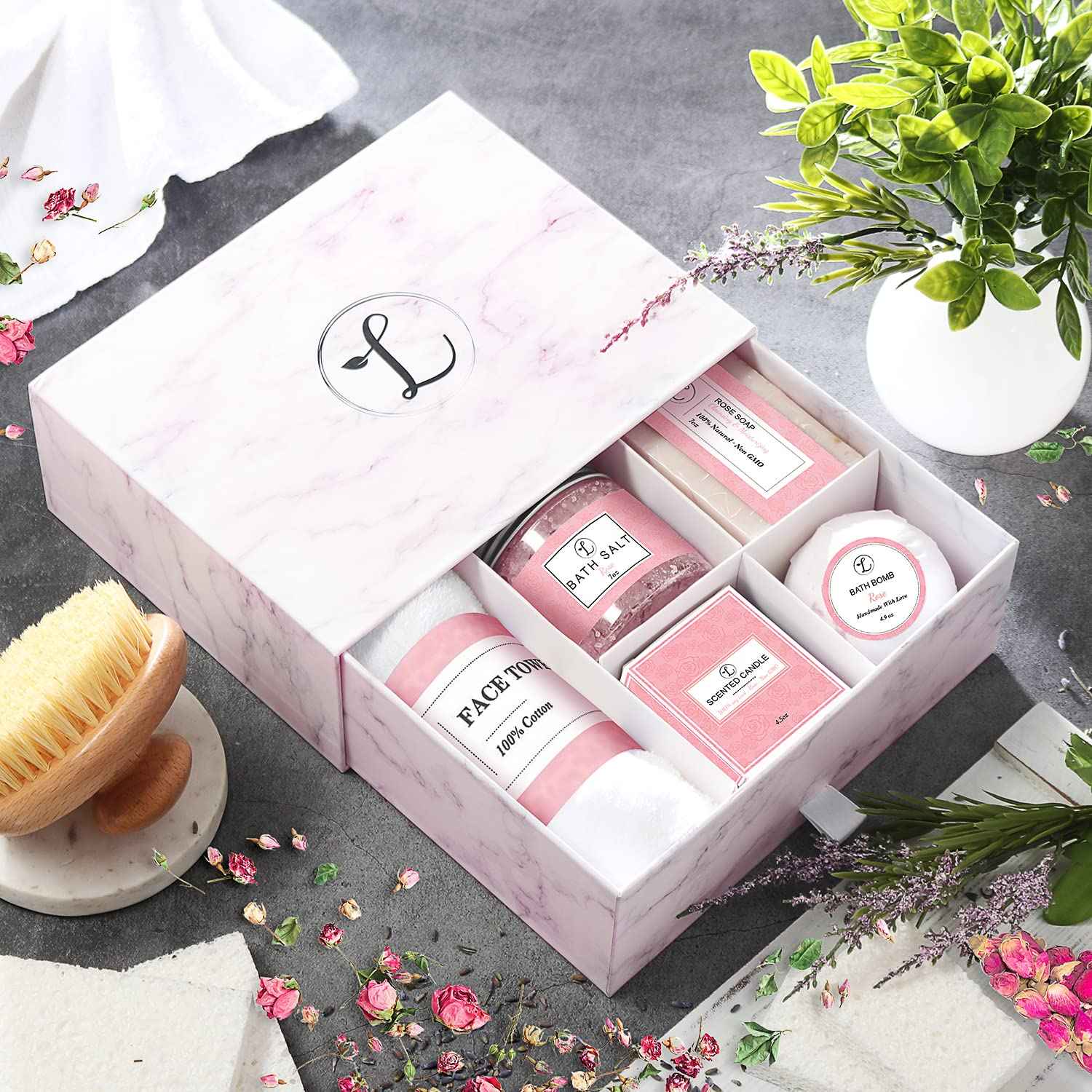 Spa Gift Set 100% Natural, Gift Box Includes: Bath Bomb, Bath Salt, Hand Soap, Scented Candle, Face Cloth and Gift Box. Best Gift for Her. (Rose)