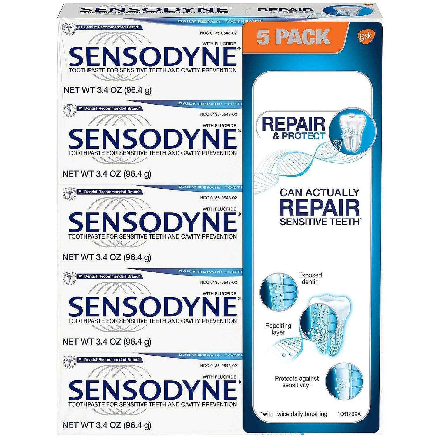 Sensodyne 980066854 Repair and Protect, 3.4 oz, Shape, Pack of 5
