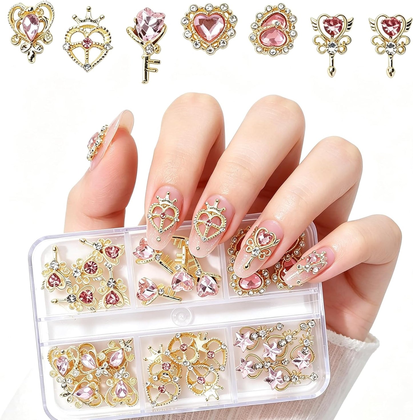 Pink Heart Nail Charms - 30pcs Luxury Alloy Rhinestones & Gems for Stunning Nail Art