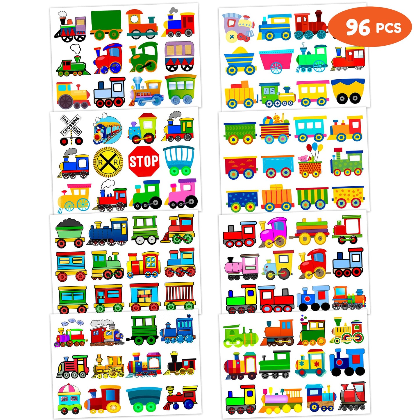 Train Temporary Tattoos for Kids - 8 Sheets 96 PCS Cute Railway Crossing Stickers, Birthday Party Favors, Supplies & Decorations for Boys and Girls