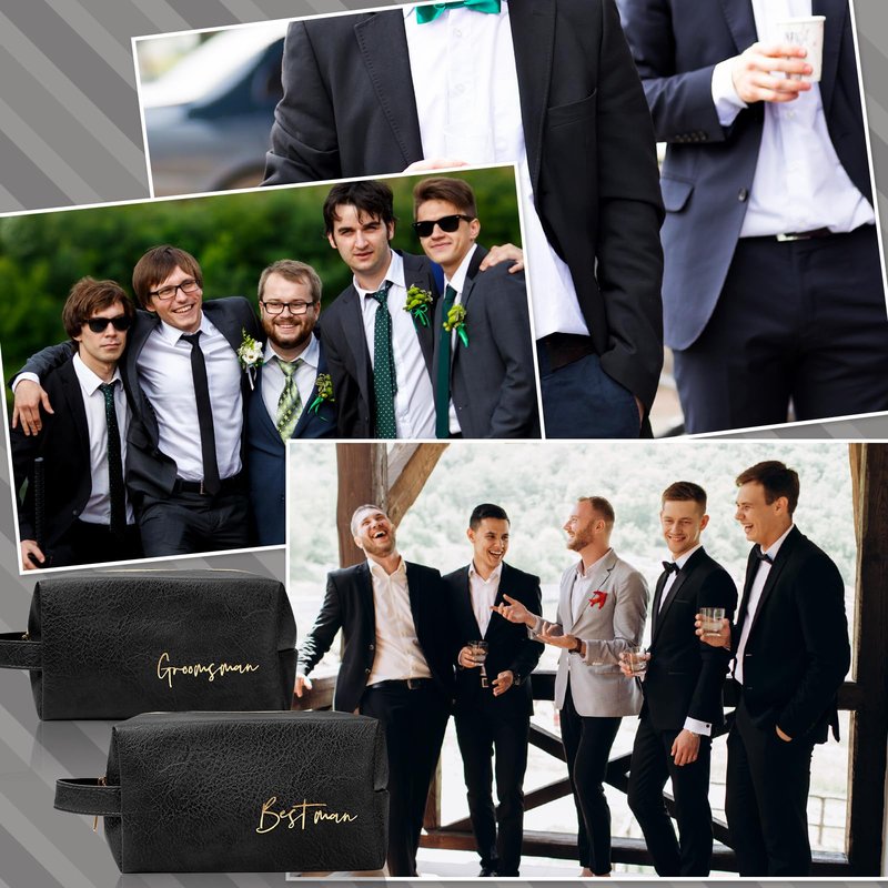 Amylove 7 Sets Man Gifts Men Toiletry Bag for Men Wedding Proposal Gift for Best Man PU Leather Cosmetic Bags with Zipper Bowknot Greeting Card Wedding Toiletries Accessories(Black)