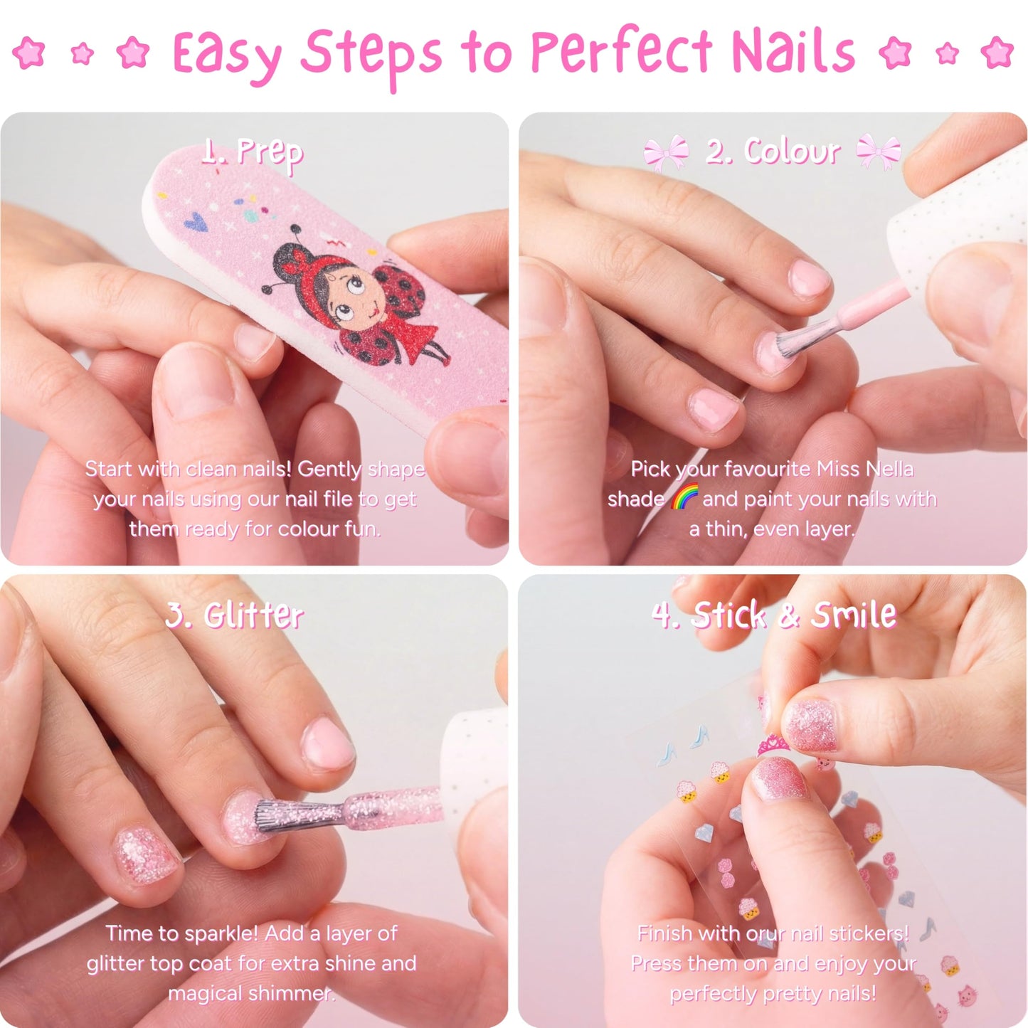 MISS NELLA SPRING IT ON Varnish Pack- Blue, Lilac, Pink, Yellow, Green and Blue Peel Off kids nail polish