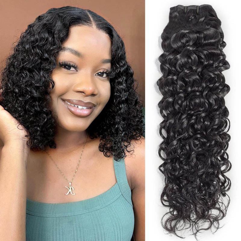 Water Wave Human Hair Bundles 14 Inch 12A Double Weft Deep Wave Bundles Human Hair Curly Bundles Human Hair Quick Weave Hair Bundles Natural Black