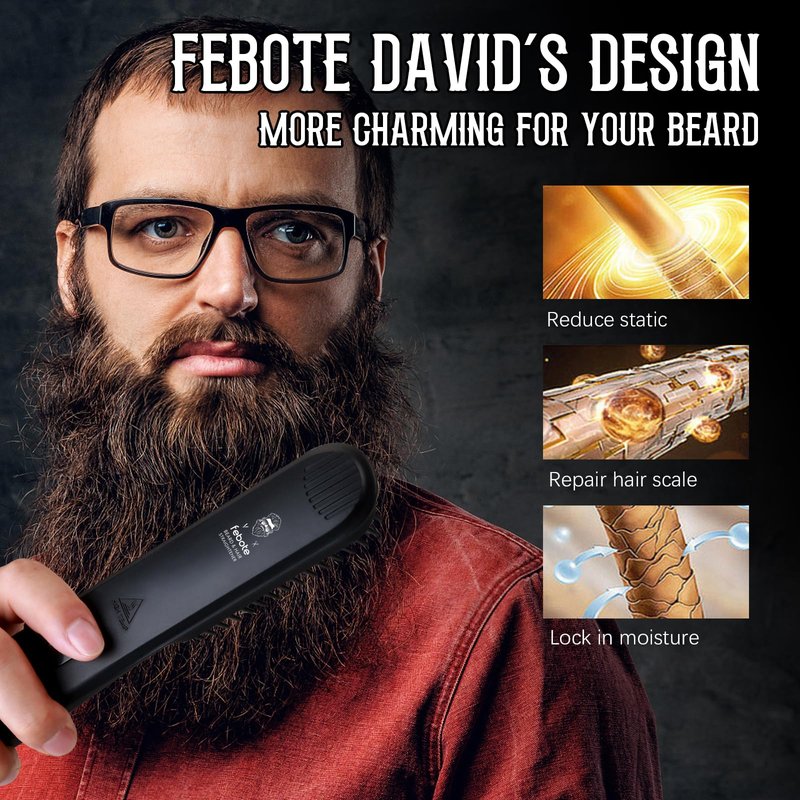FEBOTE Innovation Beard&Hair Straightener for Men w/Natural Boar Bristle Brush, Pear Wood Comb, Mustache Scissors and Travel Bag, Professional Beard Care Set for Him, Men's Fashion and Grooming Gifts