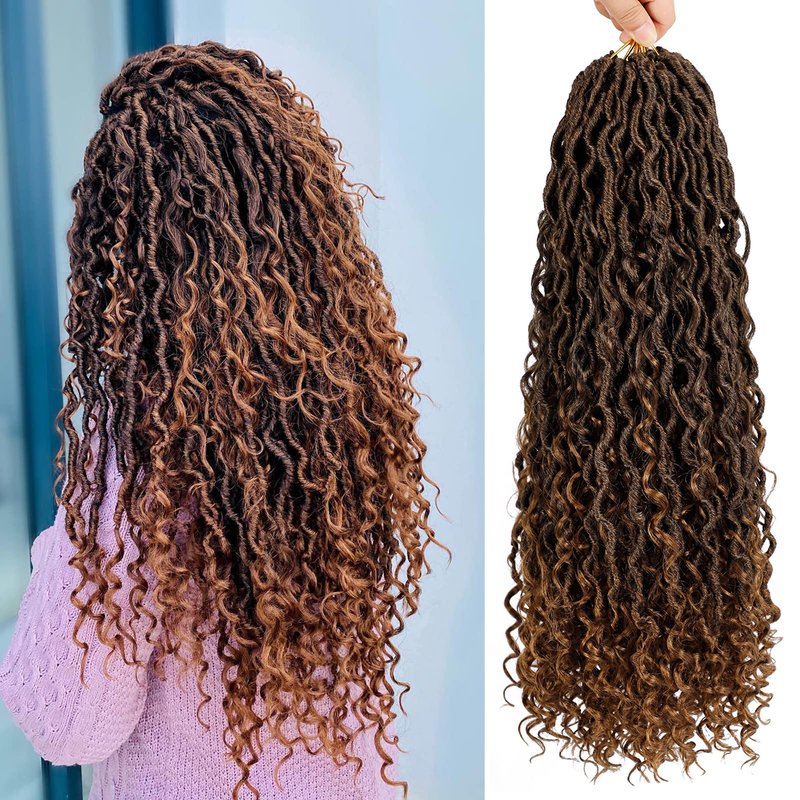 Goddess Locs Crochet Hair 22 Inch 7 Packs Ombre Brown Boho Faux Locs Crochet Hair for Black Women Pre Looped Crochet Locs with Curly Ends (1B/30)