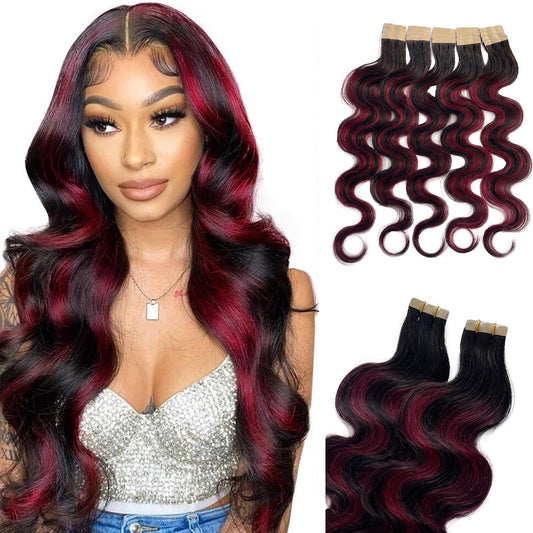 Ombre Body Wave Tape in Hair Extensions - Black to Wine Red Human Hair Balayage for Women - Burgundy Wavy Real Hair Extensions 20pcs 50g