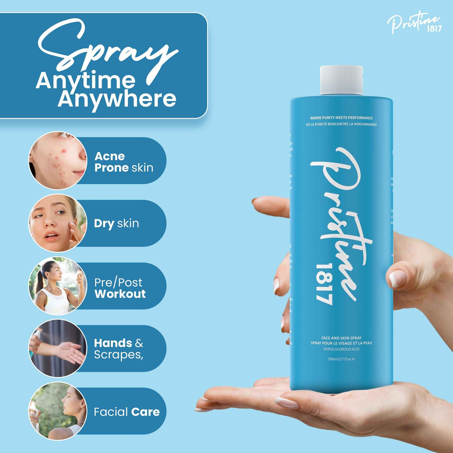 Pristine 1817 Hypochlorous Acid Spray 0.016% - 500 ml (16.9 fl oz) - Gentle, Versatile Mist for Face & Body