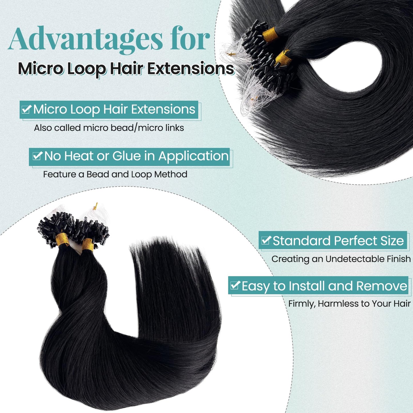 Microlink Hair Extensions Jet Black Human Hair Micro Loop Bundles 14 Inch