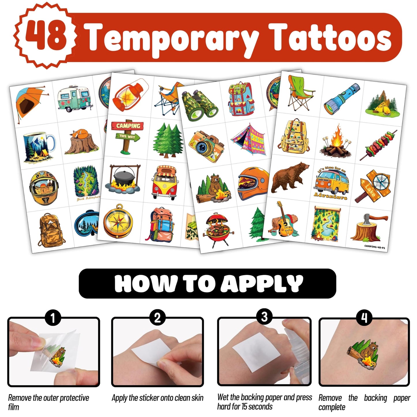 72 PCS Camping Party Favors for Kids – 48 Pre-Cut Temporary Tattoos & 24 Camping Punch Balloons Themed Birthday Party Decorations Supplies Favors Gifts, Goodie Bag Fillers, Classroom Rewards