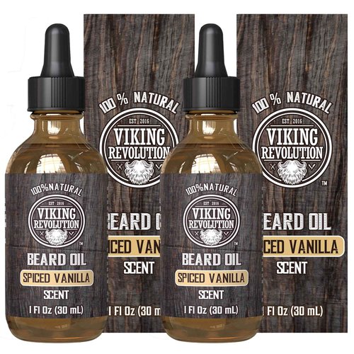 Viking Revolution Beard Oil for Men - All Natural Beard Oil Spiced Vanilla Scent with Argan Oil & Jojoba Oil Beard Conditioner and Softener - Strengthens Beards and Mustaches for Men (2 Pack)