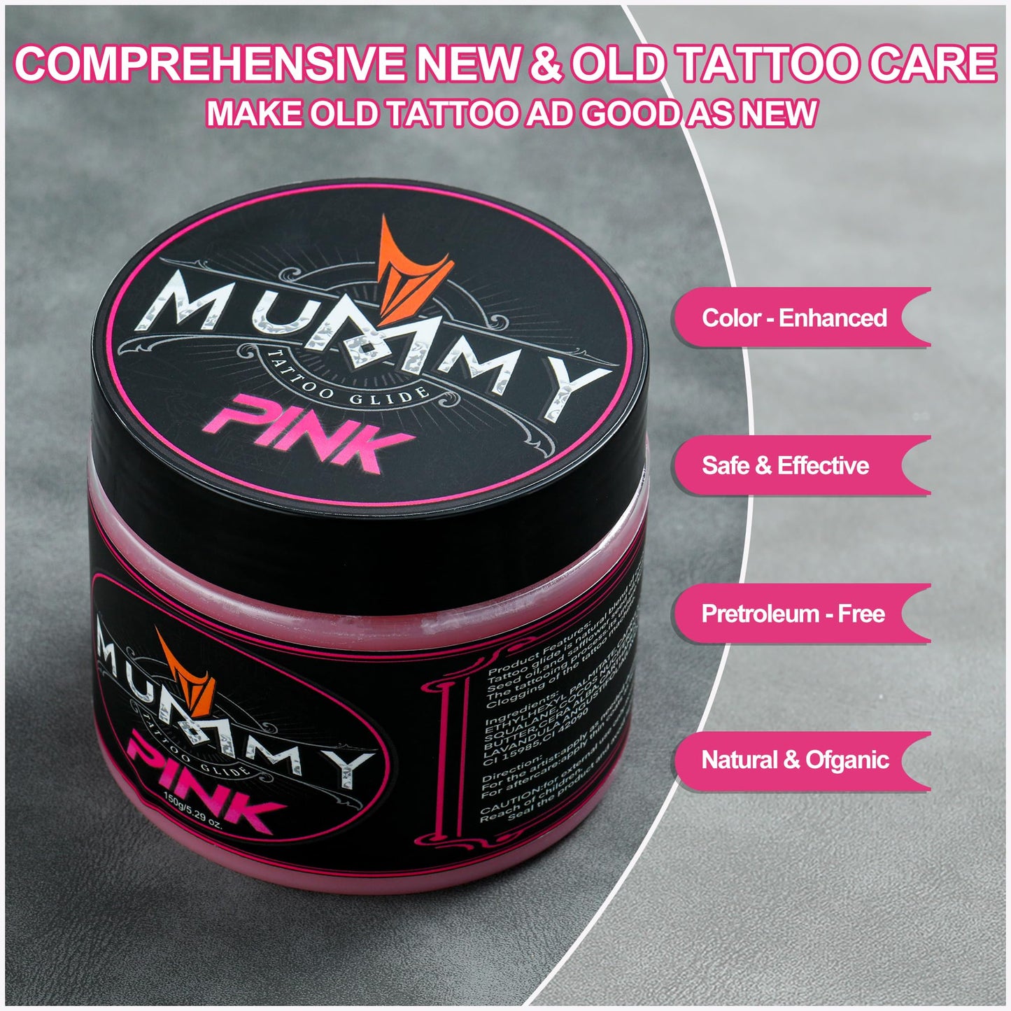 Mummy Tattoo Glide for Tattooing, Professional Tattoo Ointment & Lubricant, Non-Petroleum Tattoo Butter for Smooth Needle Glide, Ideal for Tattoo Artists & Aftercare, 5.29oz Jar(pink)