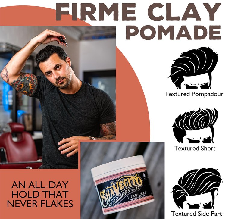 Suavecito Pomade Firme Clay for Men - Strong Hold, Low Shine Matte Finish - Professional Hair Styling Clay for Added Volume and Definition - 4 oz