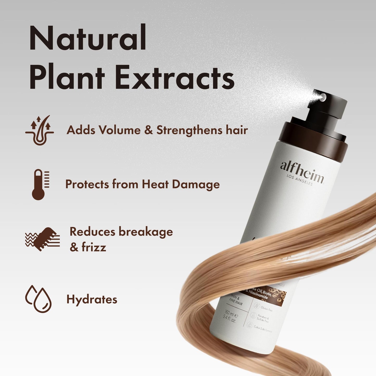 ALFHEIM Coffee+ Thickening Leave-in Spray for Fine & Thinning Hair with Caffeine, Biotin & Arabica Coffee Oil – Strengthening, Volumizing & Heat-Protecting Formula – Sulfate-Free – 5.4 oz / 160 ml