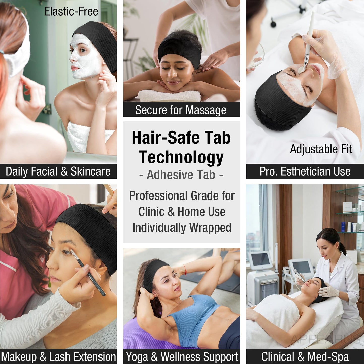 APPEARUS 100 Ct. Disposable Spa Facial Headbands with Convenient Closure (Black)