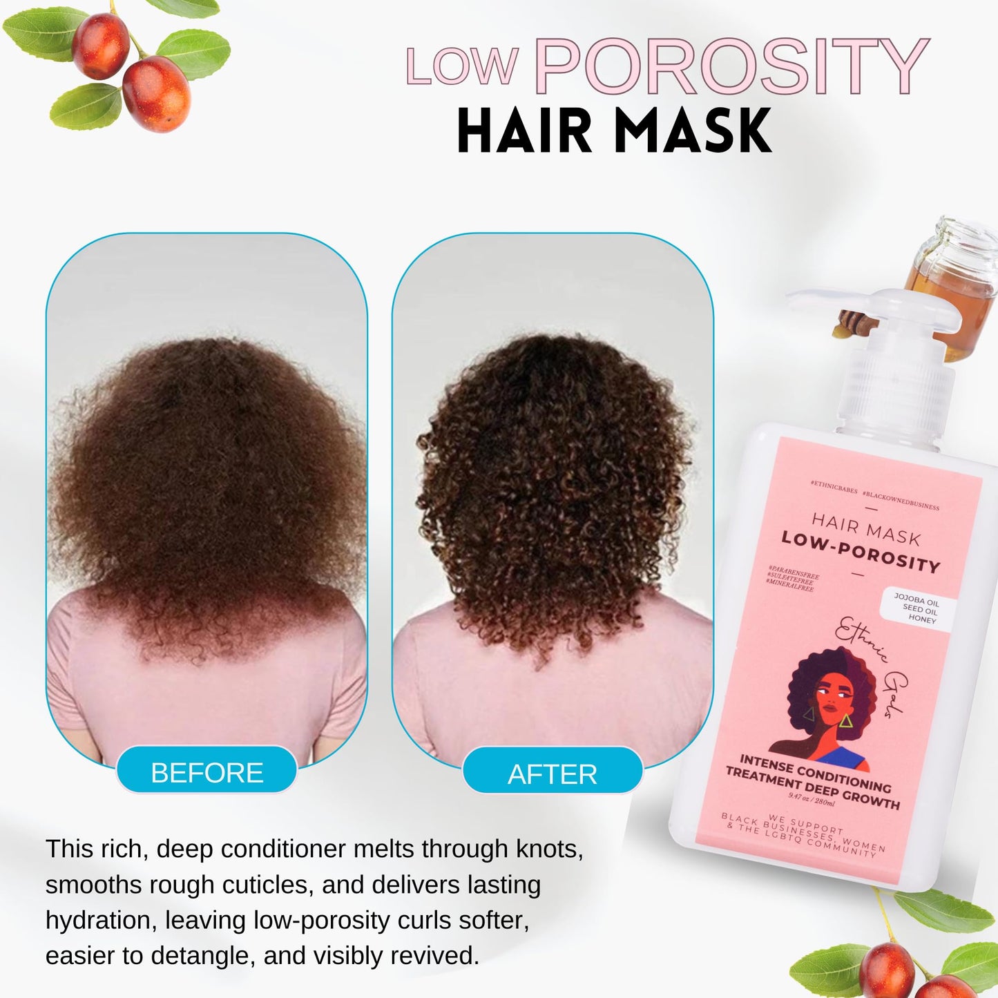 Low Porosity Hair Mask - Elasticity Repair & Strand Strengthening Deep Conditioner That Penetrates Without Buildup, for Curly Coily 3C 4C Natural Hair, 9.5 fl oz
