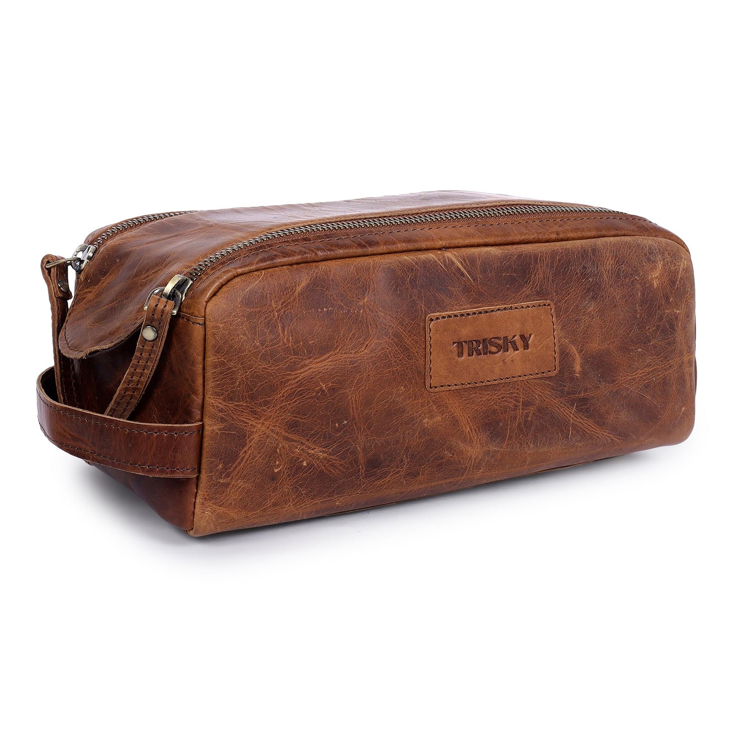 TRISKY Buffalo Leather Toiletry Bag For Men & Women- Grooming Bag For Men, Travel Pouch With Water Resistant Lining, Leather Toiletry Bags For Mens, King-size Handcrafted - Tan