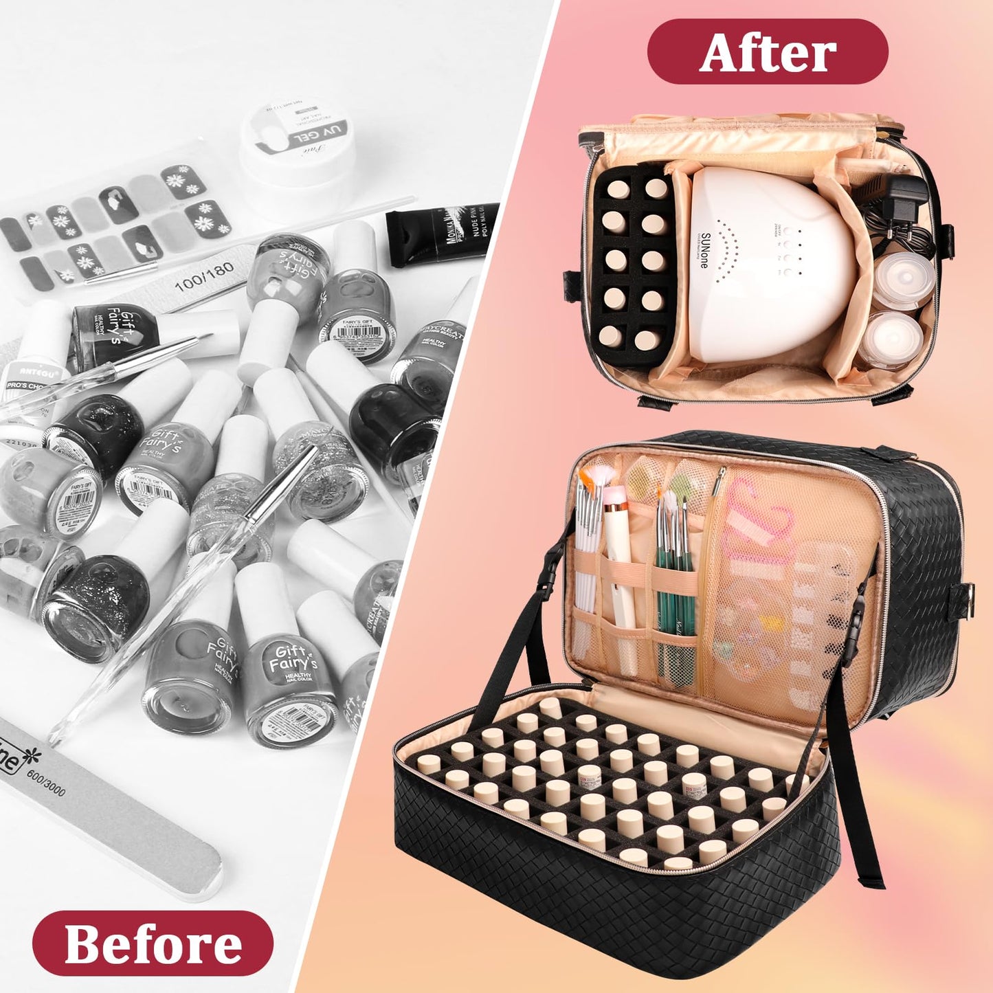 SIYNPAV Nail Polish Organizer Bag Holds 50 Bottles (15ml/0.5 fl.oz)& Nail Lamp, Vegan Leather Nail Kit Storage Case with Holder Staps, Portable Nail Supplies Organizer for Manicure Tools (Black)