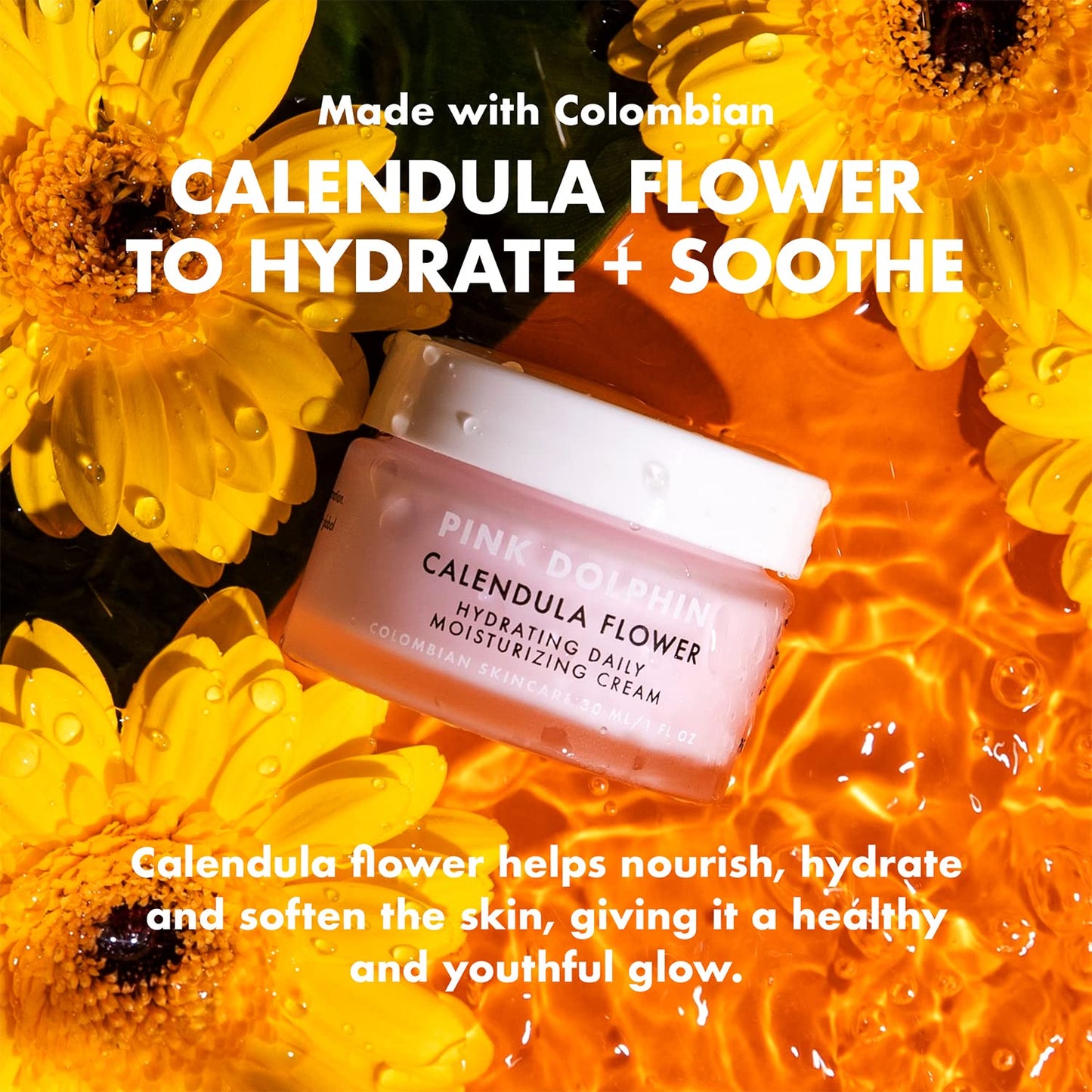 Pink Dolphin Calendula Face Hydrating Daily Moisturizer - Natural Calendula Flowers Soothe Irritation & Promote Healing, Repairs & Rehydrates Dry Skin, Produces Collagen for ALL SKIN TYPES - 1oz